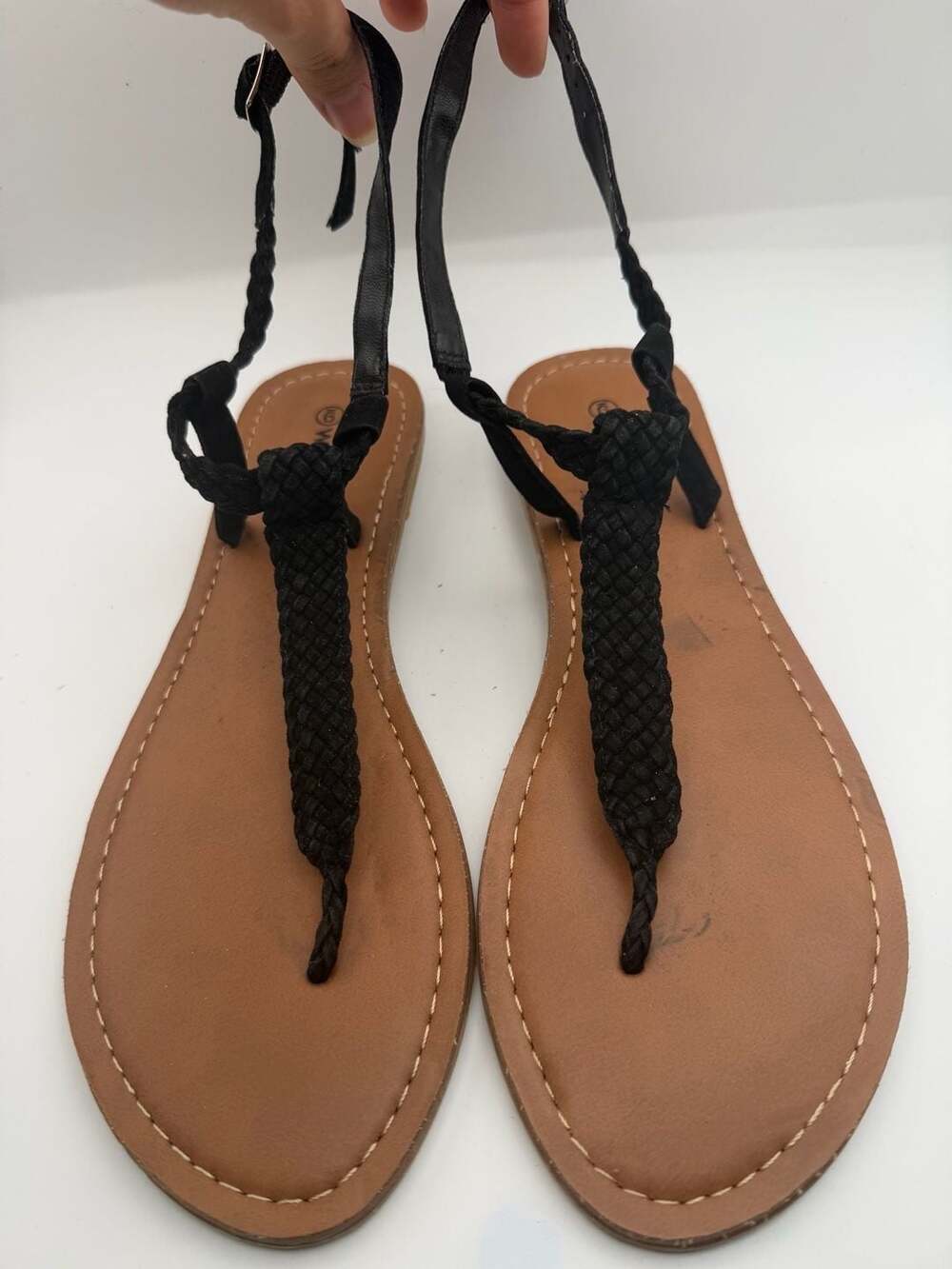 Black Braided T-Strap Ankle Tie Flat Sandals 9